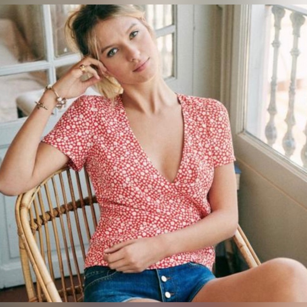 Sézane Olympia Wrap Blouse - Red with Daisy Print, Size 10, Fr. 42